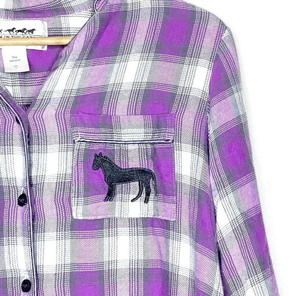 Back in the Saddle Embroidered Horse Purple Plaid Western Button Down Shirt Med - Picture 2 of 11